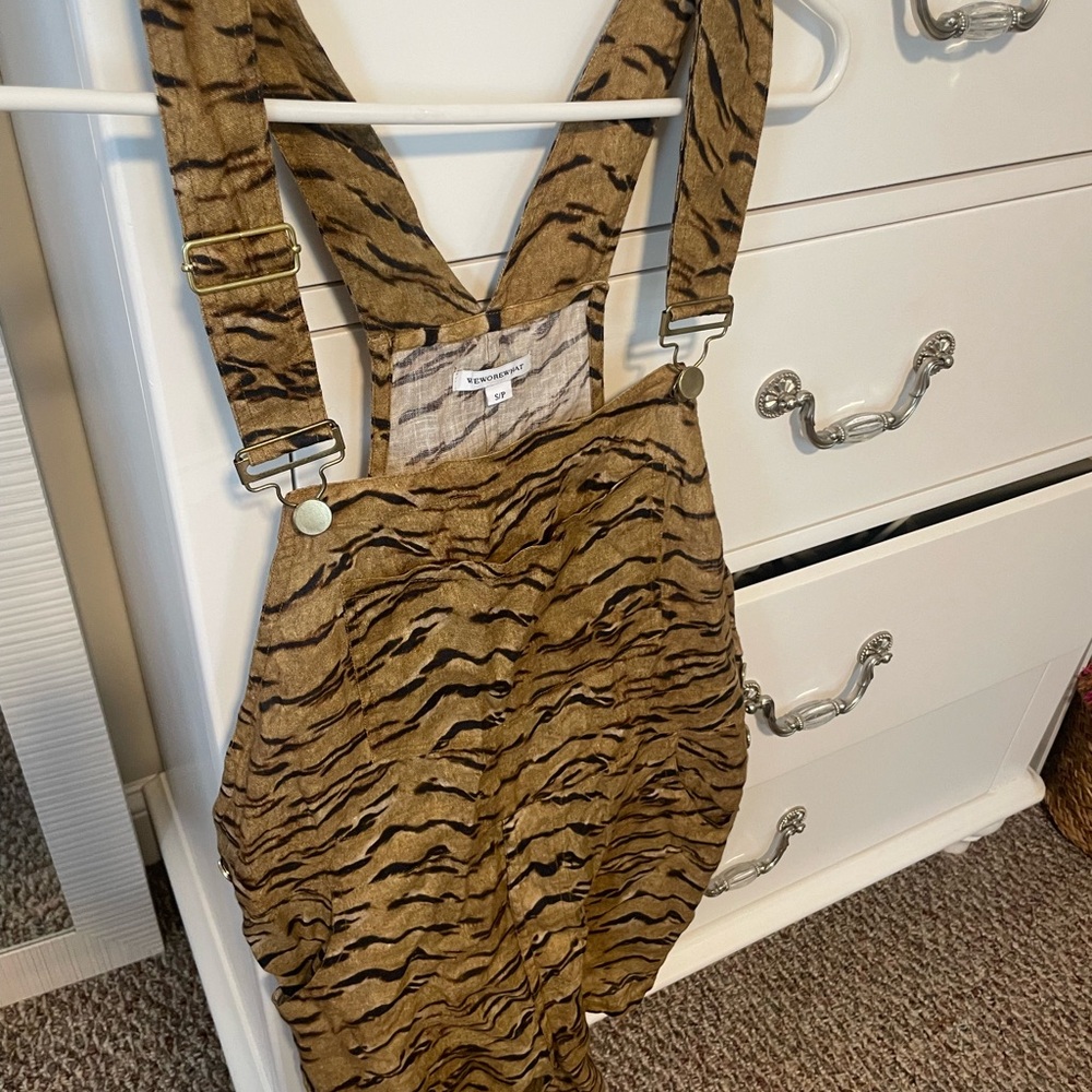 WeWoreWhat Brown Tiger Print overalls. She needs a new home! So cute!